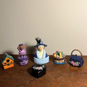 Vintage Lot of 6 Trinket Boxes w/ Lids- Mixed Materials Porcelain-Ceramic-Metal